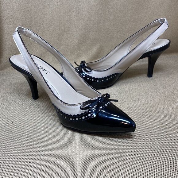 Ellen Tracy Bindy Black & Cream Leather Slingback Heels - Picture 1 of 10